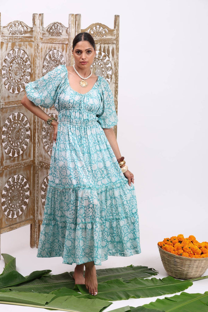 The Fox and The Mermaid - Cotton Voile Block Printed Grace Maxi Dress