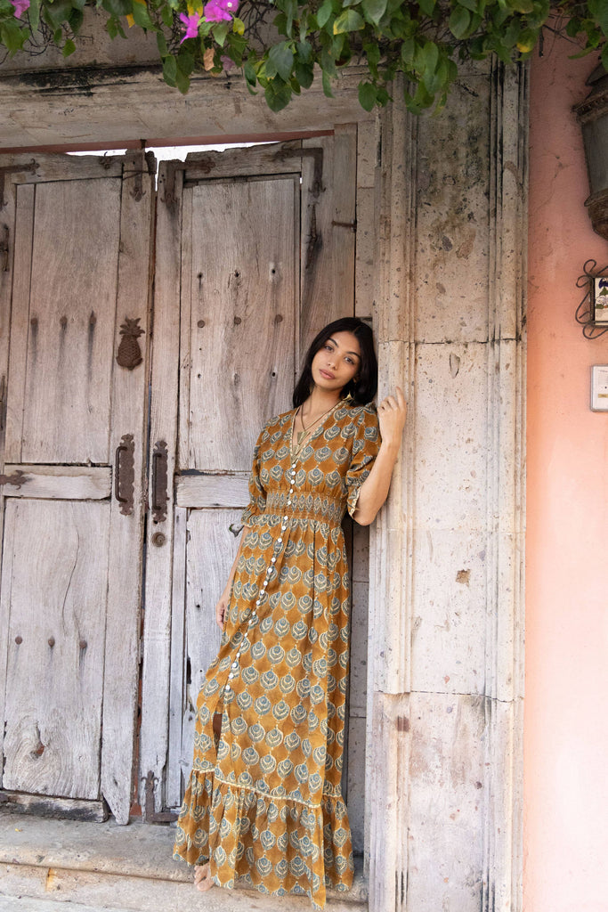 The Fox and The Mermaid - Tatiana Block Printed Ochre Dress