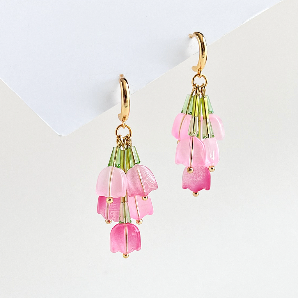 Yellow Dots Studio - Upside Down Pink Tulip Bouquet Earrings | Beaded Earrings - Pink Tulip Glass Earrings