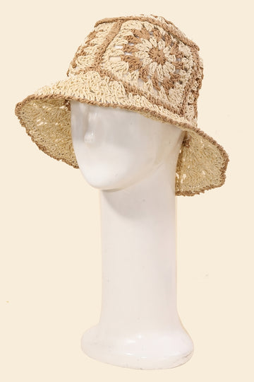 Squared Flower Pattern Knit Bucket Hat - Ivory