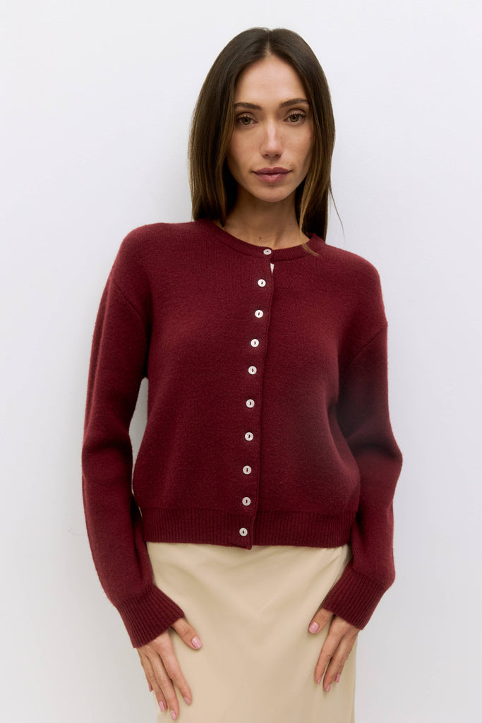 The Malin Red Maroon Burgundy Cropped Button-Down Cardigan