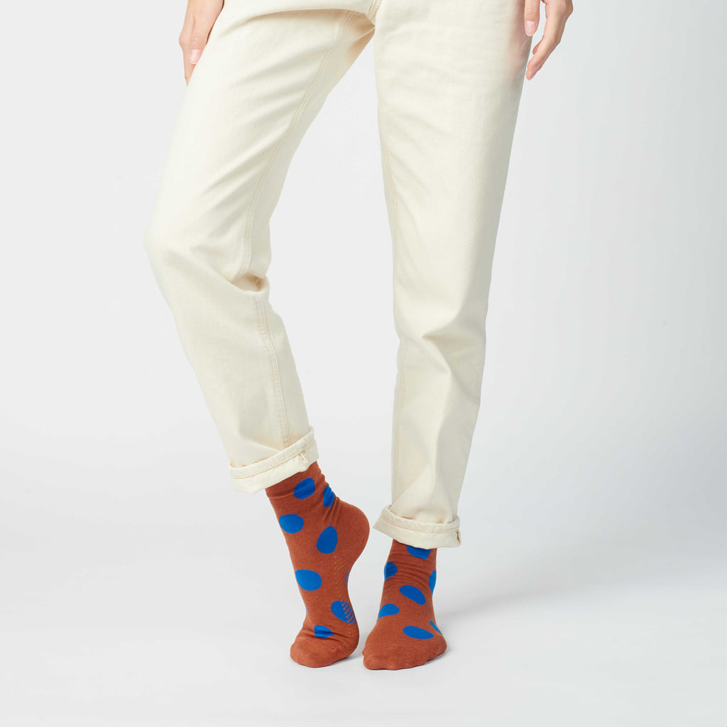 Hooray Sock Co. - Panhandle Polka Dot Crew Socks, Brown and Blue