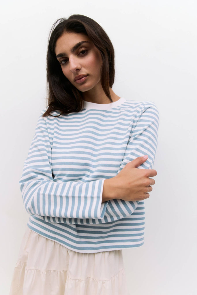 The Kathleen Top Striped Long Sleeve T-Shirt Light Blue and White