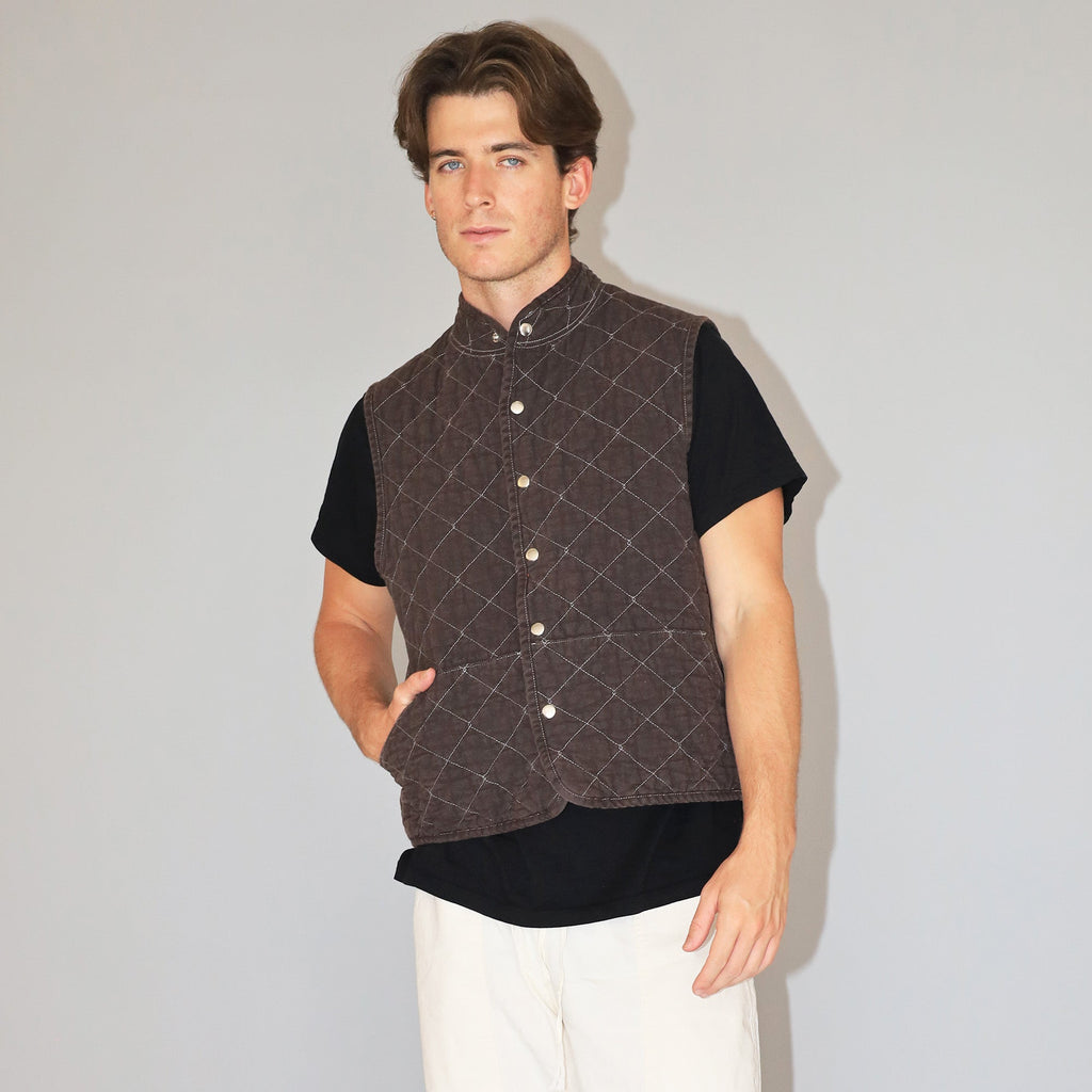 Utility Canvas Quilted Snap Vest - Espresso