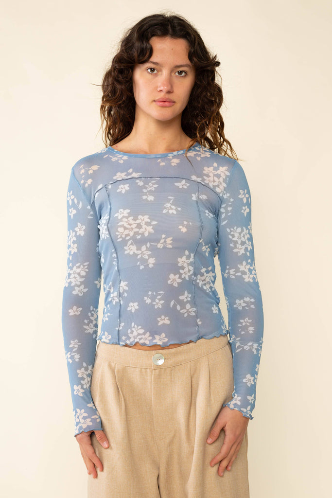 Blue Crew Neck Floral Mesh Top
