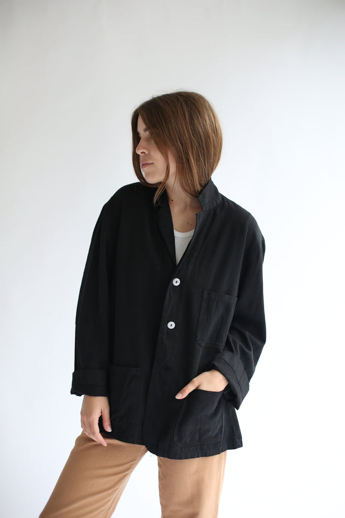 Rawson Vintage Black Overdye Classic Chore Jacket | Unisex Square Three Pocket Cotton French Workwear Style Utility Work Coat Blazer
