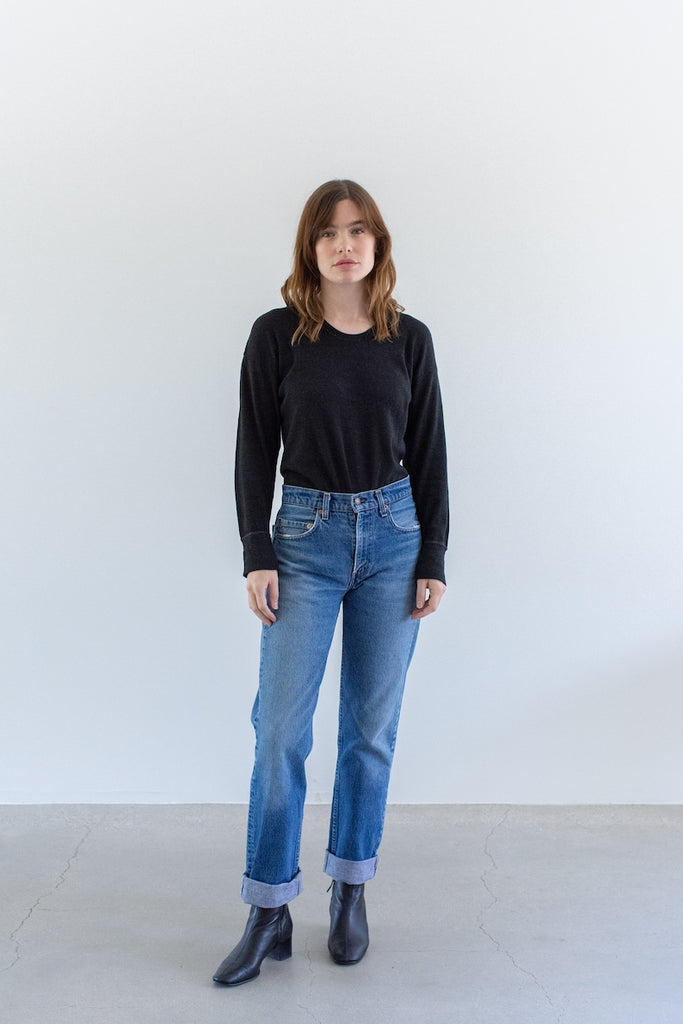 The Malmo Thermal in Black | Vintage Cotton Blend Charcoal Grey Scoop Thermal Shirt | Long Sleeve Layer Top