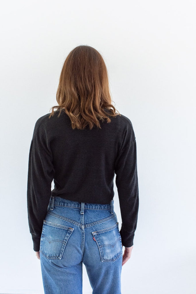 The Malmo Thermal in Black | Vintage Cotton Blend Charcoal Grey Scoop Thermal Shirt | Long Sleeve Layer Top