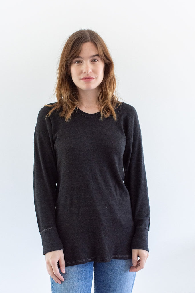 The Malmo Thermal in Black | Vintage Cotton Blend Charcoal Grey Scoop Thermal Shirt | Long Sleeve Layer Top