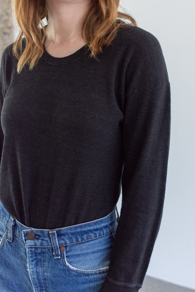 The Malmo Thermal in Black | Vintage Cotton Blend Charcoal Grey Scoop Thermal Shirt | Long Sleeve Layer Top