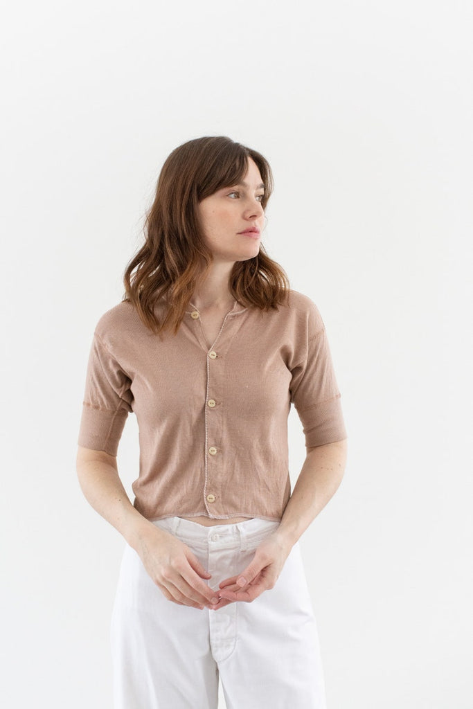 Vintage Ballet Pink Button Up Crop Thermal Shirt