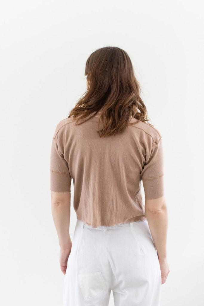 Vintage Ballet Pink Button Up Crop Thermal Shirt | Rib Knit Picot Edging