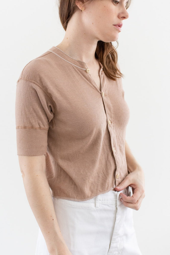 Rawson Vintage Ballet Pink Button Up Crop Thermal Shirt | Rib Knit Picot Edging