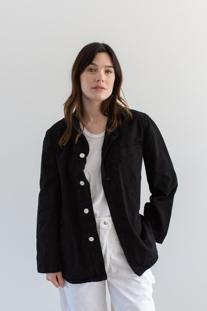 Rawson Vintage Black Overdye Classic Chore Jacket | Unisex Square Three Pocket Cotton French Workwear Style Utility Work Coat Blazer