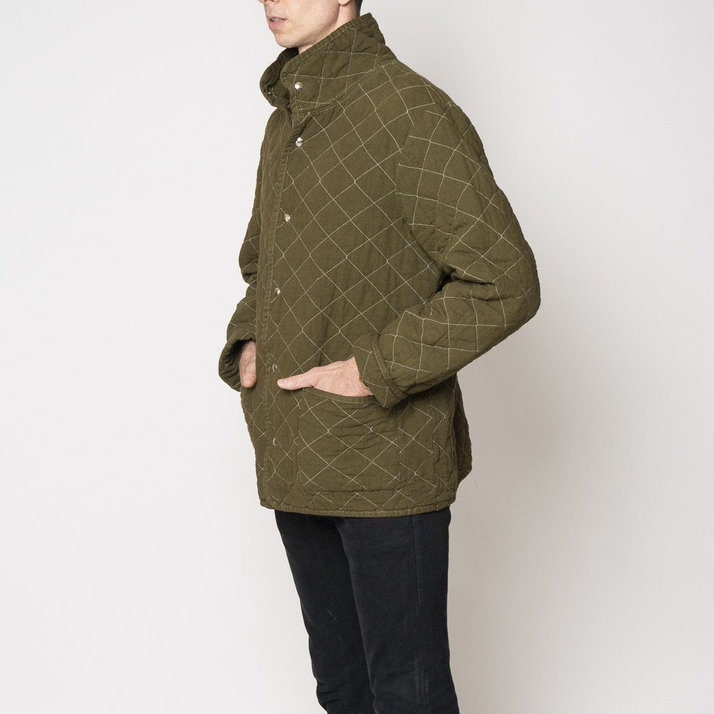 Side Utility Canvas Quilted Snap Unisex Jacket - Olive Green